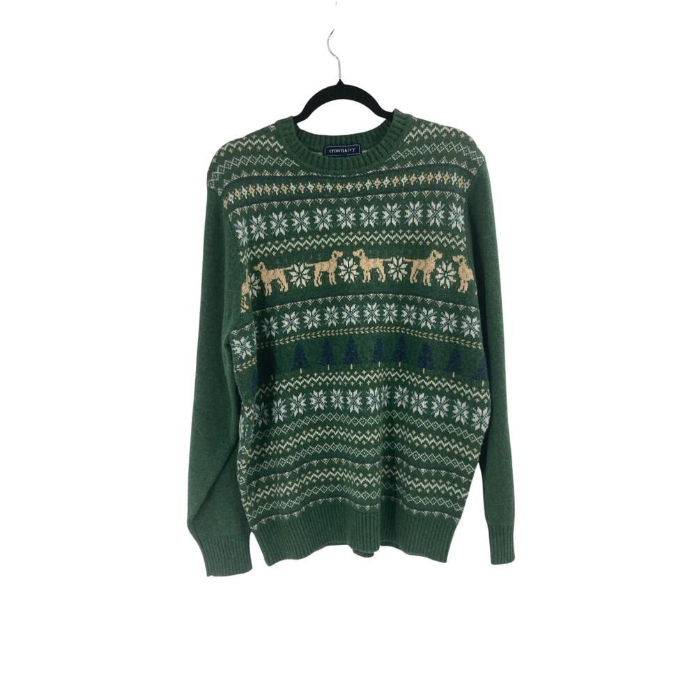 Crown & Ivy Nordic Fair Isle Dog Print Green Sweater Men’s Large